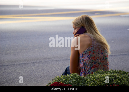 Junge Frau am Handy. Michigan Avenue, Chicago, Illinois. Stockfoto