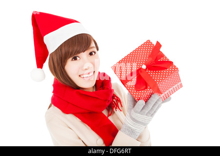 glückliche junge Frau mit Weihnachts-Geschenk-box Stockfoto