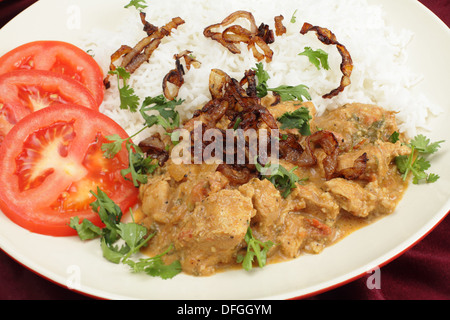 Süd-indischen Chicken Korma, Schadenverlauf Kokosnuss mit gekochten Basmati-Reis und Koriander Blätter, gebratenen Zwiebeln und Tomaten in Scheiben. Stockfoto