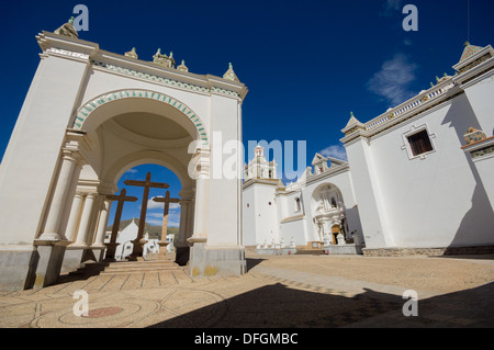 Innenhof der Basilika unserer lieben Frau von Copacabana, Copacabana, Bolivien Stockfoto