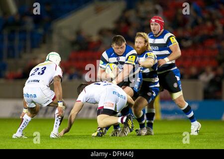 Salford, UK. 4. Oktober 2013. Bath Rugby Prop Dave Wilson während der Aviva Premiership Spiel zwischen Verkauf Haifische und Bath Rugby aus dem AJ-Bell-Stadion. Bildnachweis: Aktion Plus Sport/Alamy Live-Nachrichten Stockfoto