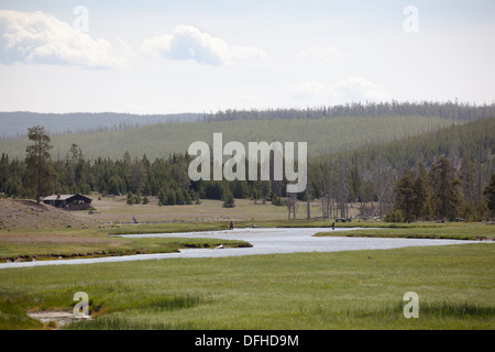 Fischer in Madison River Yellowstone USA Wildnis mit Verzögerung Hütte im Hintergrund Stockfoto