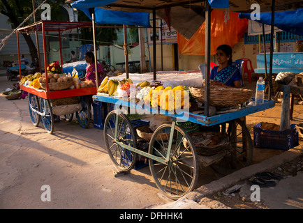 Indische Frauen verkaufen Obst und Blumen aus einem Warenkorb in einem indischen Straße. Puttaparthi, Andhra Pradesh, Indien Stockfoto