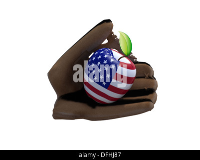 Baseball-Handschuh und Apfel mit der Schale an amerikanische Flagge, 3d illustration Stockfoto