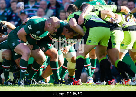 Leicester, UK. 5. Oktober 2013.  Leicester Startreihe. Aktion aus dem Aviva Premiership Runde 5 Spiel zwischen Leicester Tigers und Northampton Saints gespielt an der Welford Road, Leicester Credit: Graham Wilson/Alamy Live News Stockfoto