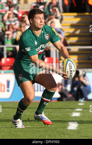 Leicester, UK. 5. Oktober 2013. Ben Youngs von Tigern in Aktion während der Aviva Premiership Spiel zwischen Leicester Tigers und Northampton Saints von Welford Road. Bildnachweis: Aktion Plus Sport/Alamy Live-Nachrichten Stockfoto