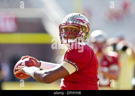 5. Oktober 2013: Florida State Seminolen Quarterback Jameis Winston (5) erwärmt sich vor dem Start des Spiels zwischen Maryland Terrapins und der Florida State Seminolen Doak S. Campbell Stadium. Stockfoto