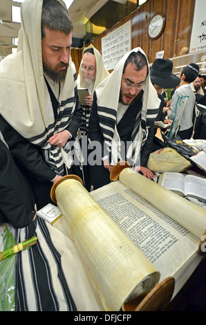 Lesen aus einer Tora-Rolle an Sukkot Morgen Dienstleistungen Lubawitsch Hauptquartier in Brooklyn, New York. Stockfoto