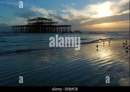 Sonnenuntergang, Pier West, Brighton, UK Stockfoto