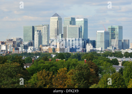 Canary Wharf Skyline, East London, Großbritannien, vom Greenwich Park aus gesehen Stockfoto