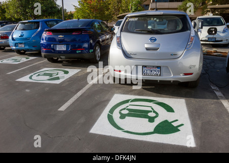 EV-Symbol gemalt auf Parkplätzen in einem Firmenparkplatz darauf hinweist, dass Flecken für Plug-in-Elektro-Autos vorbehalten sind Stockfoto