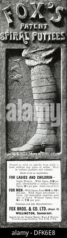 Original 1900er Jahren Werbung Werbung des Fuchses PATENT Spirale Gamaschen. Magazin Anzeige ca. 1908 Stockfoto