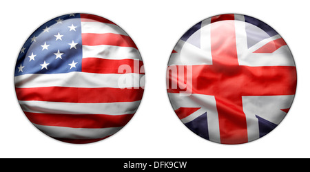 Amerikanische und britische Flagge Tasten isoliert auf weiss Stockfoto