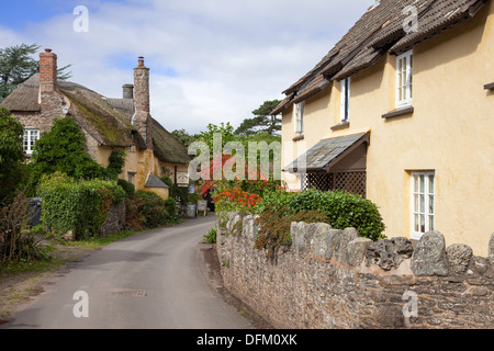 Strohgedeckten Hütten in Bossington Dorf in der Nähe von Porlock, Exmoor National Park, Somerset, England, UK Stockfoto