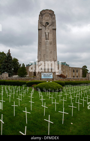 Kreuze auf dem Rasen des Nationalheiligtum der kleinen Blume katholischen Kirche gehören die Kirche Anti-Abtreibungskampagne. Stockfoto