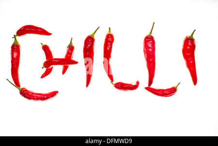 "Chili" ausgeschrieben in rote Chilischoten Stockfoto