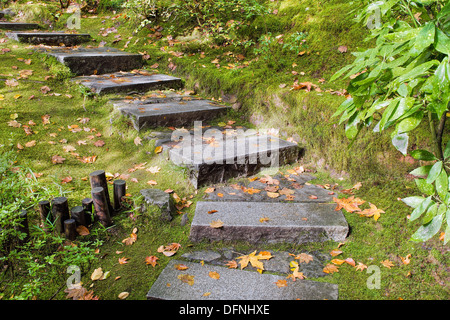 Asiatisch inspirierte japanischer Garten Granit Platten Steinstufen mit Moos und Blätter fallen Stockfoto