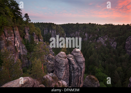 Blick vom Felsenburg Neurathen über das Wehlgrundes Tal, Bastei Felsen, Nationalpark Sächsische Schweiz, Elbe Sandstein-Berge Stockfoto