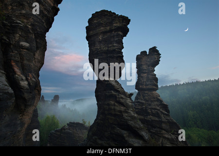 Hercules-Türme im Bielatal Valley in den Morgen, Nationalpark Sächsische Schweiz, Elbsandsteingebirge, Sachsen, Deutschland, E Stockfoto