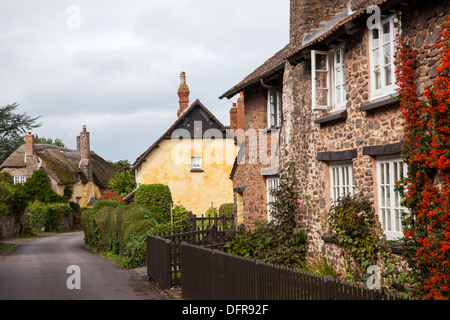 Strohgedeckten Hütten in Bossington Dorf in der Nähe von Porlock, Exmoor National Park, Somerset, England, UK Stockfoto