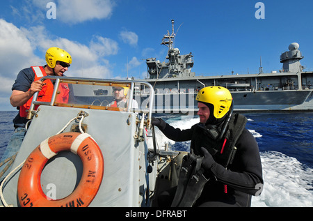 Militärischen Sealift Command Staatsdienst Seeleute zugewiesen, das amphibische Kommando-Schiff USS Mount Whitney (LCC-20) fahren in einem Festrumpf Schlauchboot während eines Mannes über Bord Übung. Mount Whitney, Haus-portiert in Gaeta, Italien, ist die US 6. Flotte Fahne Stockfoto