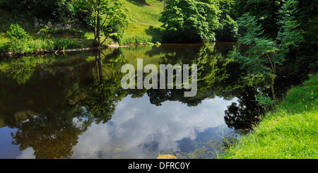 Cumulus-Wolken spiegeln sich in den Fluß Wharfe oben Burnsall, Yorkshire Dales National Park, England Stockfoto