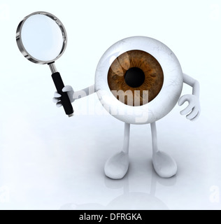 Big Eye mit seine Arme und Beine mit einer Lupe, 3d illustration Stockfoto
