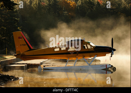 Wasserflugzeug auf Rauch See in den Morgen Nebel, Provinz Algonquin Provincial Park, Ontario, Kanada Stockfoto