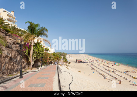 Strand von Jandia in Morro Jable gefüllt mit Touristen im Sommer. Stockfoto