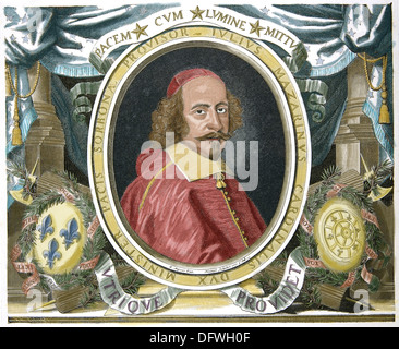 Kardinal Mazarin (1602-1661). War ein italienischer katholischer Kardinal. Farbige Gravur. Stockfoto