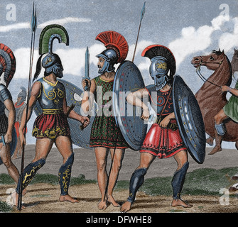 Antiken Zeitalter. Griechische Krieger zu Fuß. Farbige Gravur. des 19. Jahrhunderts. Stockfoto