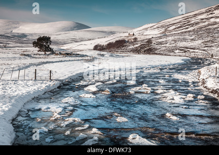 Fluss Gairn im Winter bei Gairnshiel in Glen Gairn in Aberdeenshire, Schottland. Stockfoto