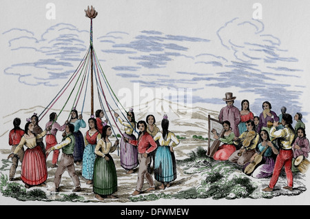 Süd-Amerika. Peru. Bergleute bei einem Tanz. C. 1840. Kupferstich, 19. Jahrhundert. Spätere Färbung. Stockfoto