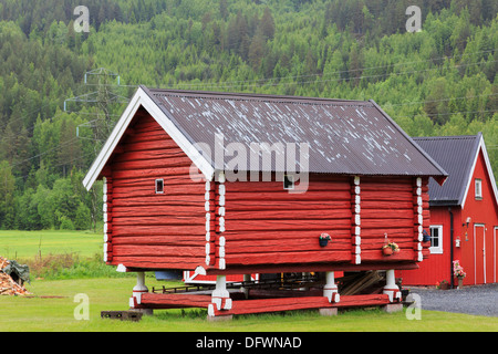 Traditionelle rote hölzernes Korn zu lagern, auf Stelzen auf einem Bauernhof in Telemark-Norwegen-Skandinavien Stockfoto