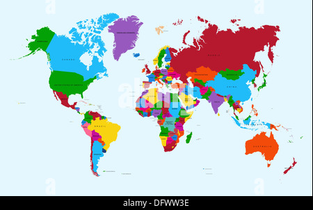 Weltkarte, bunten Ländern mit Text Atlas Abbildung. EPS10 Vektor-Datei organisiert in Schichten für die einfache Bearbeitung. Stockfoto