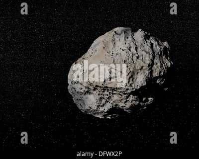 Große graue Meteorit im Universum voller Sterne. Stockfoto