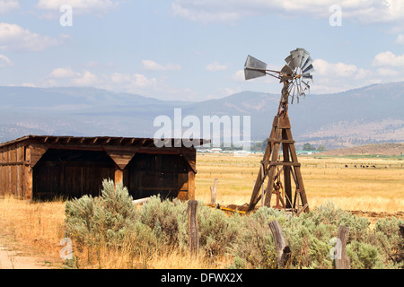 Alten windgetriebenen Pumpen Wasser Windmühle steht neben einer leeren Lagerhalle auf einer Rinderfarm in einem Bergtal California. Stockfoto