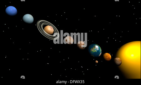 Alle Planeten des Sonnensystems; Merkur, Venus, Erde, Mars, Jupiter, Saturn, Uranus und Neptun. Stockfoto