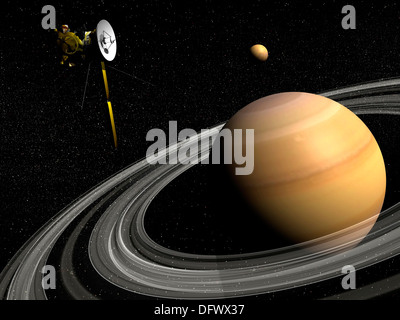 Raumsonde Cassini umkreist Saturn und und seinem Mond Titan. Stockfoto