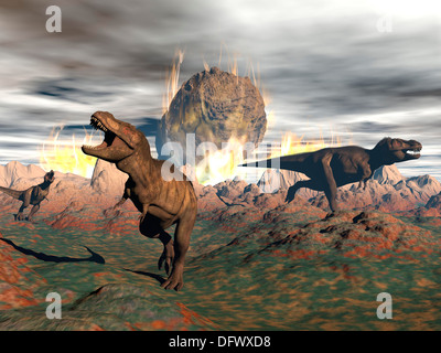 Tyrannosaurus Rex Dinosaurier Flucht vor der Hitze und Feuer von einem großen Meteoriten-Crash. Stockfoto