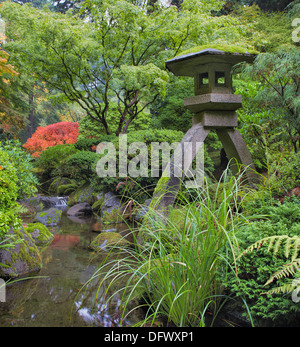 Japanische Steinlaterne im Garten mit Steinen Bäume Pflanzen und Sträucher von Strom des Wassers während der Herbst-Saison Stockfoto