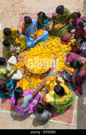 Ländliche Indianerdorf Frauen und Kinder sitzen rund um einen Korb mit Ringelblumen machen Blumengirlanden. Andhra Pradesh, Indien Stockfoto