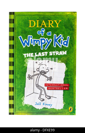 Ein Kinderbuch von Jeff Kinney genannt Tagebuch von einem Wimpy Kid The Last Straw auf weißem Hintergrund Stockfoto