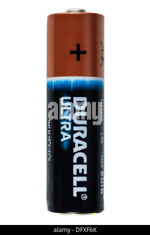 Eine Duracell ultra AA-Batterie auf einem weißen Hintergrund Stockfoto