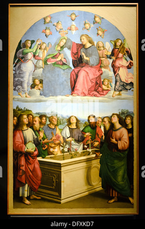 Krönung der Jungfrau (Pala Oddi) von Raffaello Sanzio (Urbino 1483 - Rom 1520) Altarbild aus der Kapelle des Oddi Familie Kirche S. Francesco al Prato eine Perugia, 1502 - 1503 Öl Tempera auf Leinwand 172 übertragen - 165 cm von Maddalena Oddi Vatikanische Museen - Rom, Italien in Betrieb genommen Stockfoto