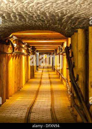 Langen unterirdischen Tunnel mit Holzbalken Unterstützung. Stockfoto