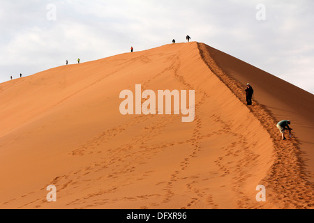 Touristen Klettern auf der berühmten Sossusvlei Düne 45 in der Namib-Wüste, Namibia. Stockfoto