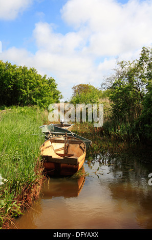 Ein Blick auf kleine Boote vor Anker in einem Deich auf den Norfolk Broads in Hickling, Norfolk, England, Vereinigtes Königreich. Stockfoto