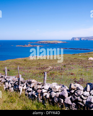 traditionellen Trockenmauern Deich am schottischen Hof mit Blick aufs Meer Klippe Stockfoto