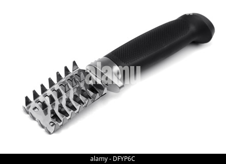 Edelstahl-Fisch-Scaler isoliert auf weiss Stockfoto